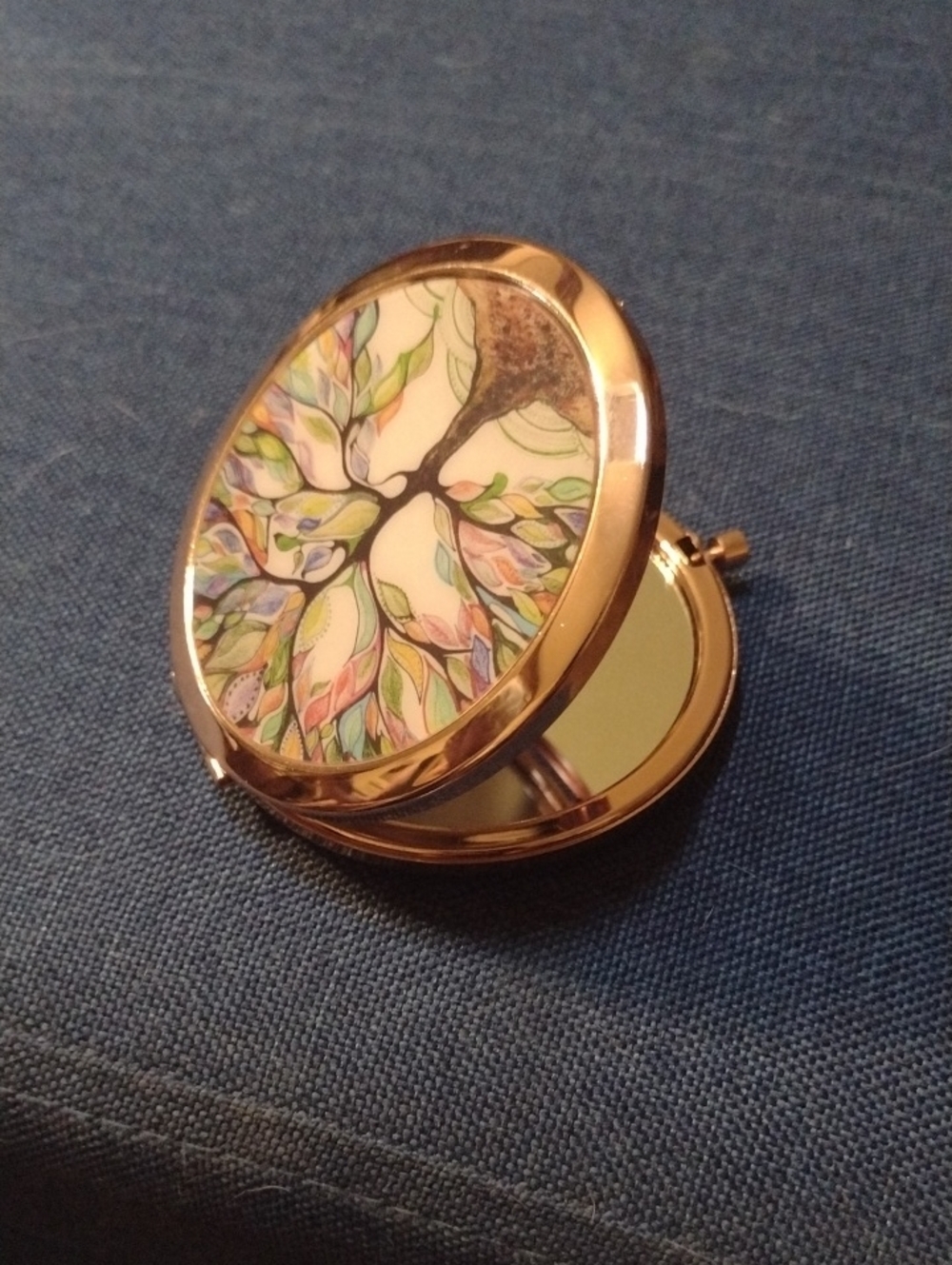 Rose Gold Compact Mirror with Colorful Tree Design